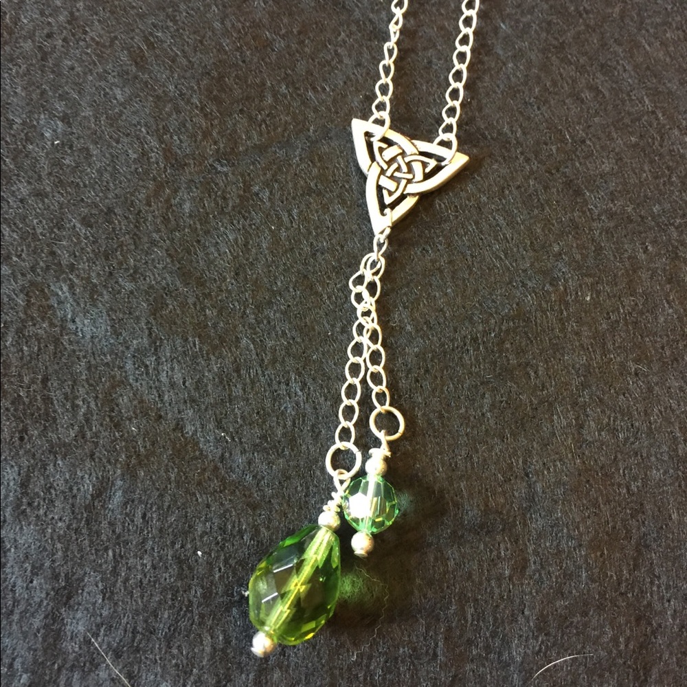 Celtic silver necklace, green Chec crystals 18”
